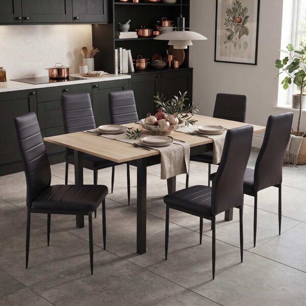 Set Masă Extensibilă Mara Stejar 130–170 × 75 cm cu 6 Scaune Oscar Negru, Piele Sintetica, Picioare Metalice Negre