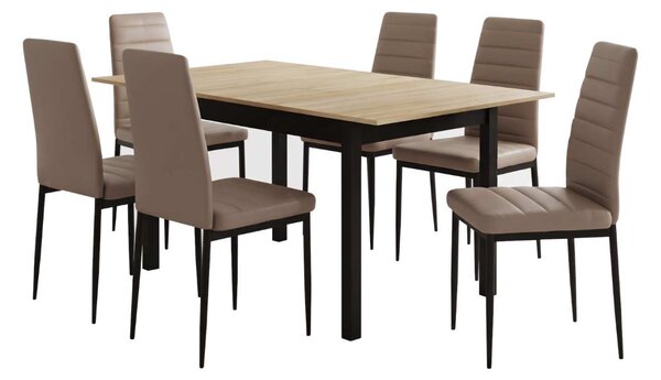 Set Masă Extensibilă Mara Stejar 130–170 × 75 cm cu 6 Scaune Oscar Maro Deschis, Piele Sintetica, Picioare Metalice Negre
