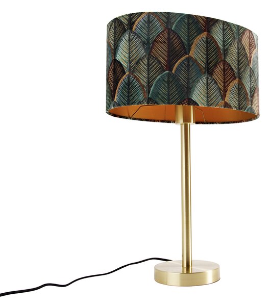 Lampă de masă alamă cu abajur oval din catifea cu design de frunze 35cm - Simplo