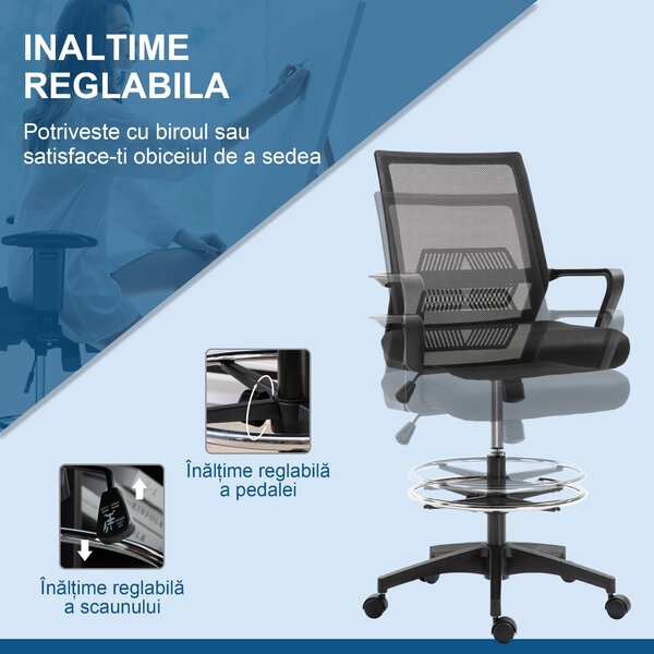 Vinsetto Scaun de Birou Reglabil pe Înălțime cu Suport pentru Picioare, Negru | Aosom Romania