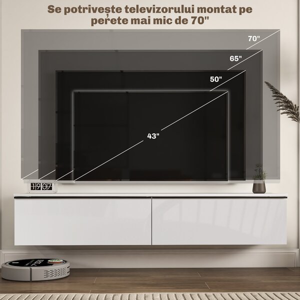 HOMCOM Dulap TV Suspendat cu 2 Dulapuri cu Uși Rabatabile, Alb Lucios | Aosom Romania