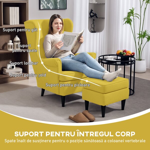 HOMCOM Fotoliu cu Taburet Asortat în Stil Contemporan Galben | Aosom Romania