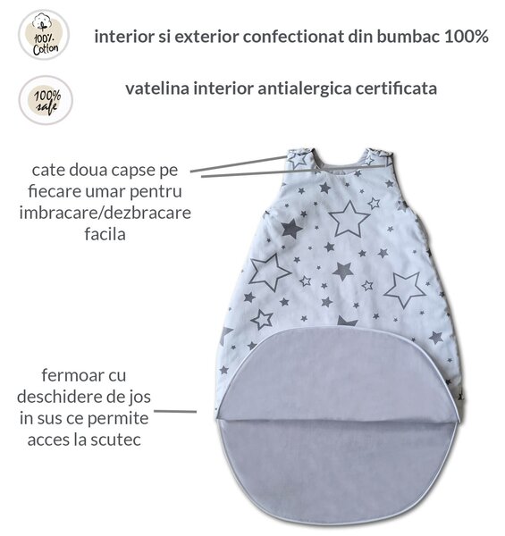 Sac de dormit copii 3-18 luni Kidizi Galaxy Grey, 1 tog