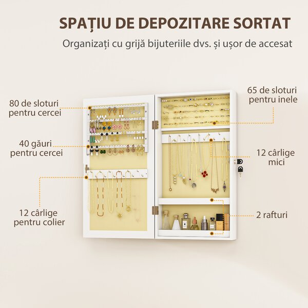 HOMCOM Dulăpior Oglindă pentru Bijuterii Montabil pe Perete cu 2 Chei, din MDF, Alb | Aosom Romania
