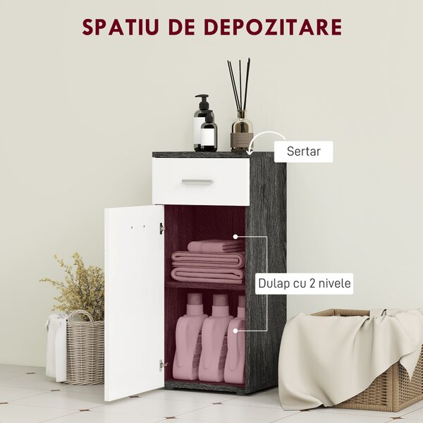 Kleankin Dulap Baie din Lemn cu Sertar și Rafturi, Design Alb și Negru | Aosom Romania