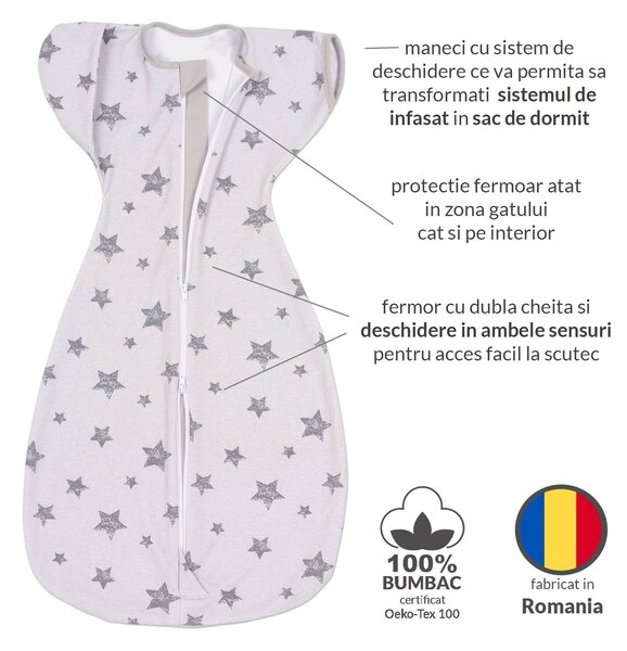 Sistem de infasat transformabil in sac de dormit, 1-6 luni Kidizi Swaddel Confort UP Grey Stars, 100% bumbac, 0.5 tog