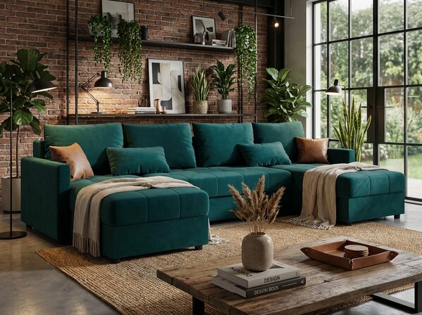 Coltar extensibil in forma de U VENORIA, petrol, 285x146 cm + 2 perne GRATUIT