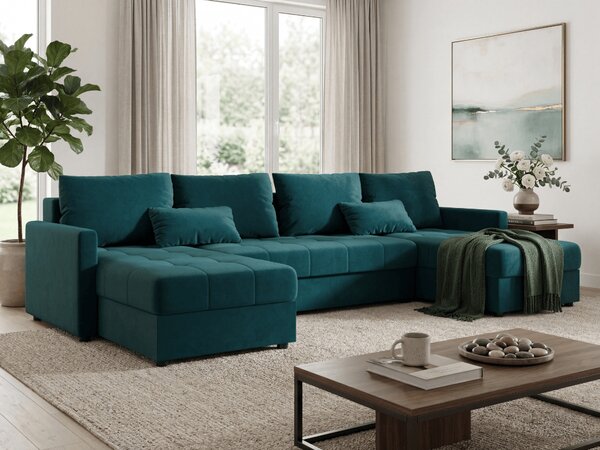 Coltar extensibil in forma de U VENORIA, petrol, 285x146 cm + 2 perne GRATUIT