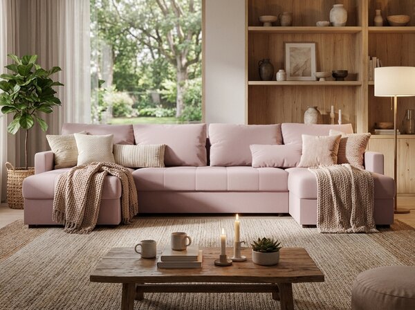 Coltar extensibil in forma de U VENORIA, roz pudra, 285x146 cm + 2 perne GRATUIT