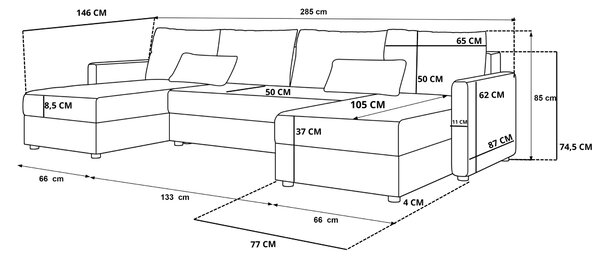Coltar extensibil in forma de U VENORIA, bej, 285x146 cm + 2 perne GRATUIT