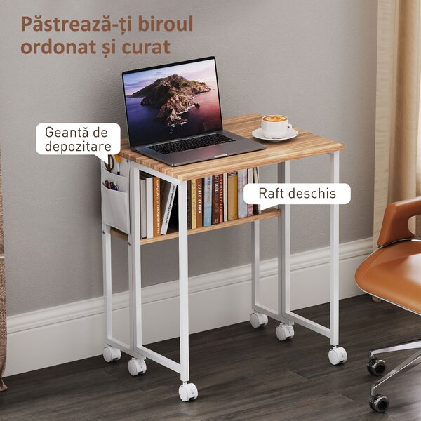 HOMCOM Birou Pliabil de 80 cm cu Raft de Depozitare și Blat Rabatabil pe Roți - Alb | Aosom Romania