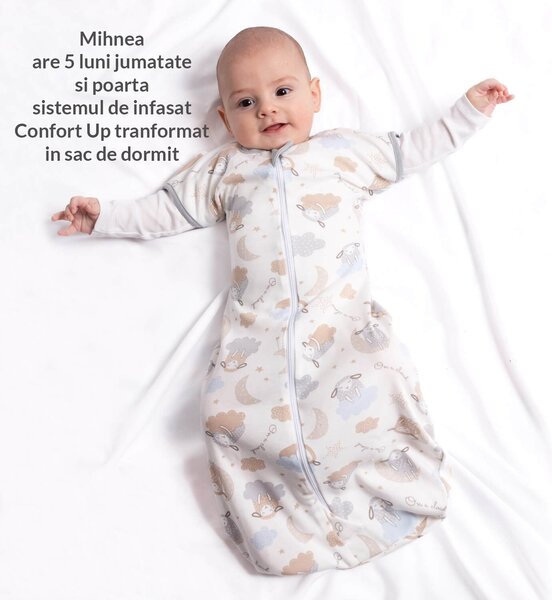 Sistem de infasat transformabil in sac de dormit, 1-6 luni Kidizi Swaddel Confort UP On a Cloud Pastel, 100% bumbac, 0.5 tog