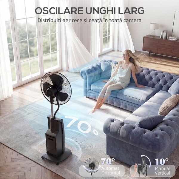 HOMCOM Ventilator cu Nebulizare, Rezervor 3.1L, 3 Moduri, 3 Viteze, Funcție Anti-Țânțari, Ventilator de Tip Coloană, Roți, Oscilație 70°, Înclinare 10°, Cronometru 12h, Display LED, Telecomandă, 90W, 138cm | Aosom Romania