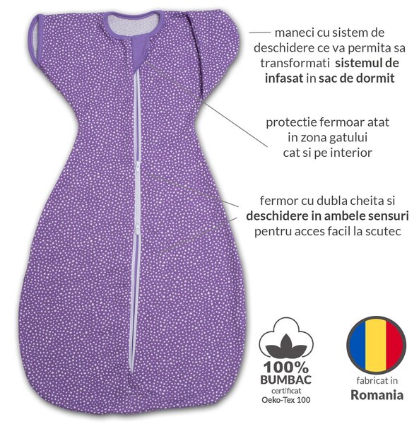 Sistem de infasat transformabil in sac de dormit, 1-6 luni Kidizi Swaddel Confort UP Purple Spots, 100% bumbac, 0.5 tog