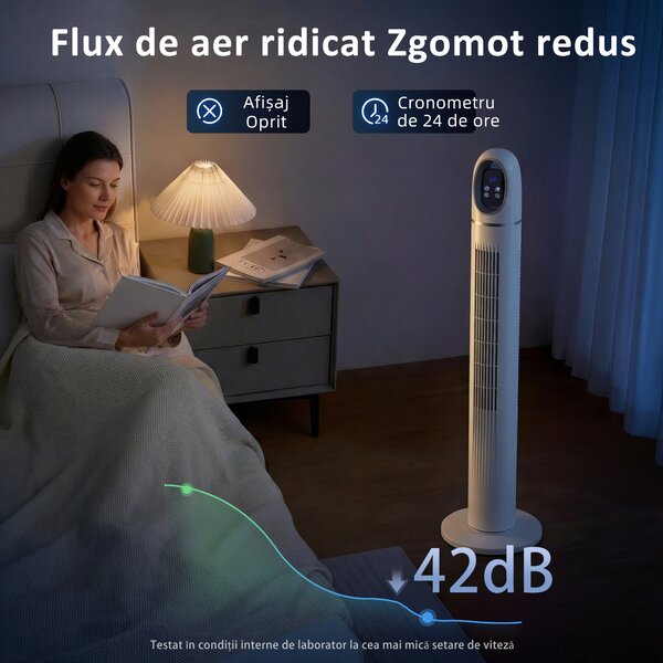 HOMCOM Ventilator Vertical pentru Dormitor, Ventilator Oscilant 70°, 4 Moduri, 3 Viteze, Timer 24 Ore, Display LED și Telecomandă, 110 cm, Alb | Aosom Romania