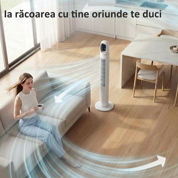 HOMCOM Ventilator Vertical pentru Dormitor, Ventilator Oscilant 70°, 4 Moduri, 3 Viteze, Timer 24 Ore, Display LED și Telecomandă, 110 cm, Alb | Aosom Romania
