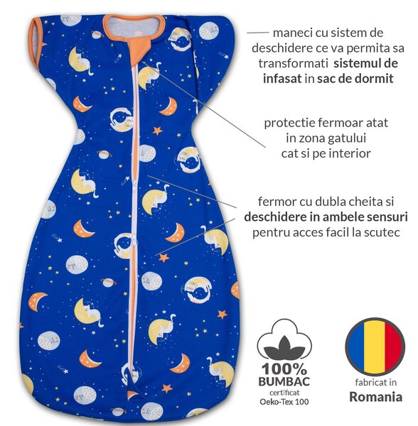Sistem de infasat bebe Kidizi Swaddel Confort UP Space Cats 1-6 luni – anti reflex Moro, mansete reversibile, 100% bumbac, 0.5 TOG