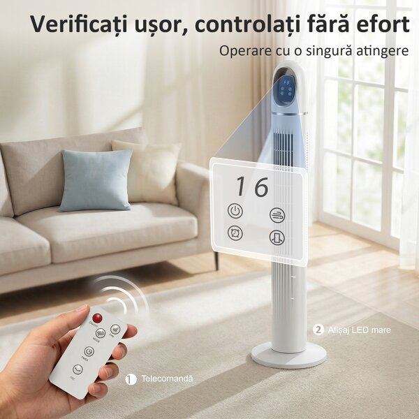 HOMCOM Ventilator Vertical pentru Dormitor, Ventilator Oscilant 70°, 4 Moduri, 3 Viteze, Timer 24 Ore, Display LED și Telecomandă, 110 cm, Alb | Aosom Romania