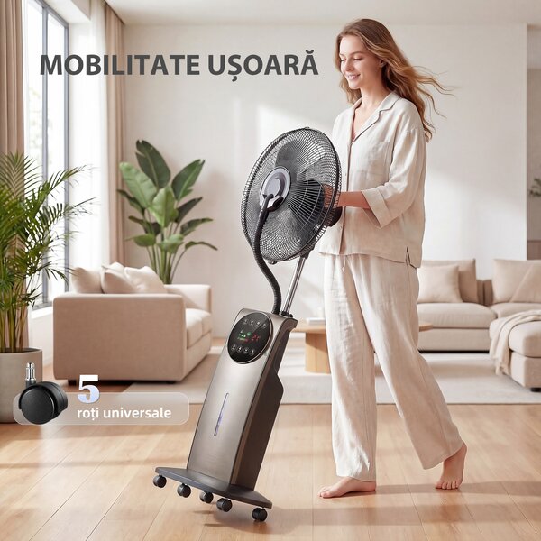 HOMCOM Ventilator cu Nebulizare, Rezervor 3.1L, 3 Moduri, 3 Viteze, Funcție Anti-Țânțari, Ventilator de Tip Coloană, Roți, Oscilație 70°, Înclinare 10°, Cronometru 12h, Display LED, Telecomandă, 90W, 138cm | Aosom Romania