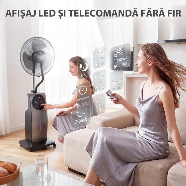 HOMCOM Ventilator cu Nebulizare, Rezervor 3.1L, 3 Moduri, 3 Viteze, Funcție Anti-Țânțari, Ventilator de Tip Coloană, Roți, Oscilație 70°, Înclinare 10°, Cronometru 12h, Display LED, Telecomandă, 90W, 138cm | Aosom Romania