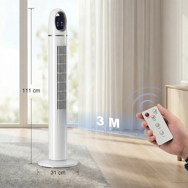 HOMCOM Ventilator Vertical pentru Dormitor, Ventilator Oscilant 70°, 4 Moduri, 3 Viteze, Timer 24 Ore, Display LED și Telecomandă, 110 cm, Alb | Aosom Romania