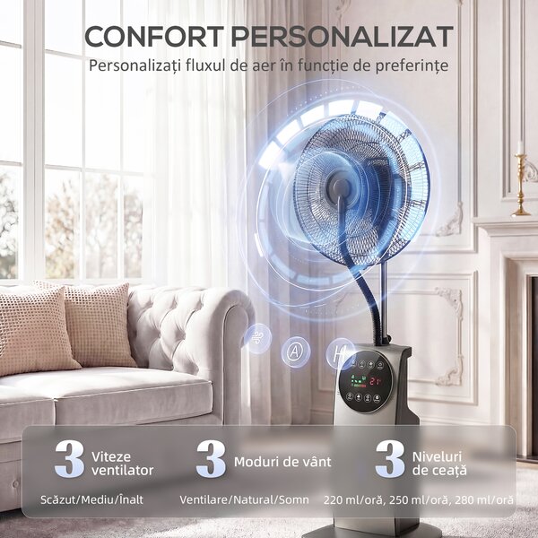 HOMCOM Ventilator cu Nebulizare, Rezervor 3.1L, 3 Moduri, 3 Viteze, Funcție Anti-Țânțari, Ventilator de Tip Coloană, Roți, Oscilație 70°, Înclinare 10°, Cronometru 12h, Display LED, Telecomandă, 90W, 138cm | Aosom Romania