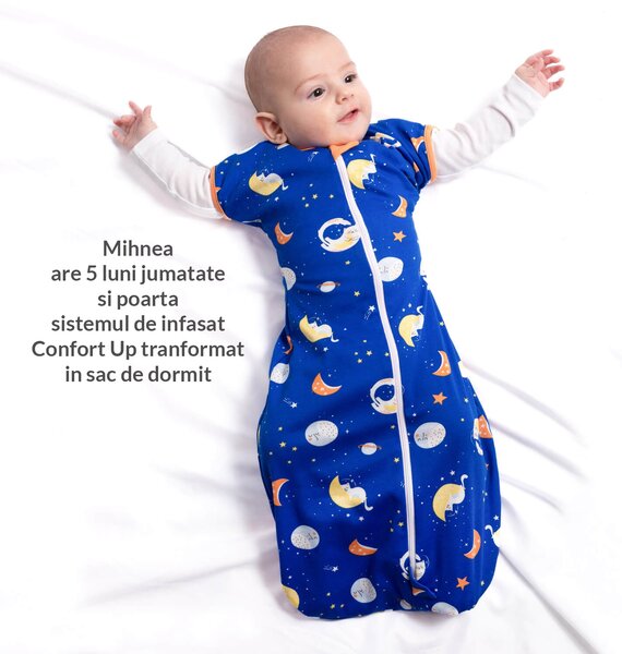 Sistem de infasat bebe Kidizi Swaddel Confort UP Space Cats 1-6 luni – anti reflex Moro, mansete reversibile, 100% bumbac, 0.5 TOG