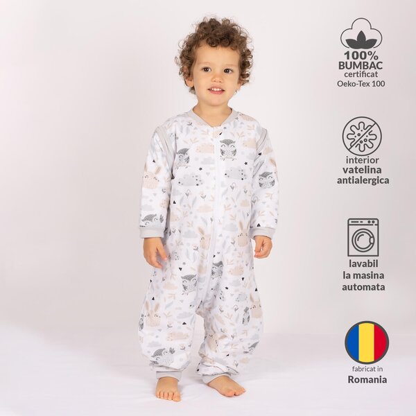 Sac de dormit copii din bumbac cu picioare si maneci detasabile 18-36 luni Kidizi Forest Friends, 1 tog, pentru toamna-iarna, bumbac 100%