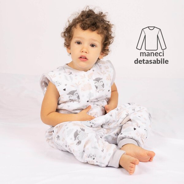 Sac de dormit copii din bumbac cu picioare si maneci detasabile 18-36 luni Kidizi Forest Friends, 1 tog, pentru toamna-iarna, bumbac 100%