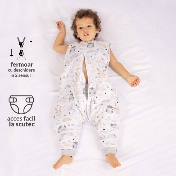 Sac de dormit copii din bumbac cu picioare si maneci detasabile 18-36 luni Kidizi Forest Friends, 1 tog, pentru toamna-iarna, bumbac 100%