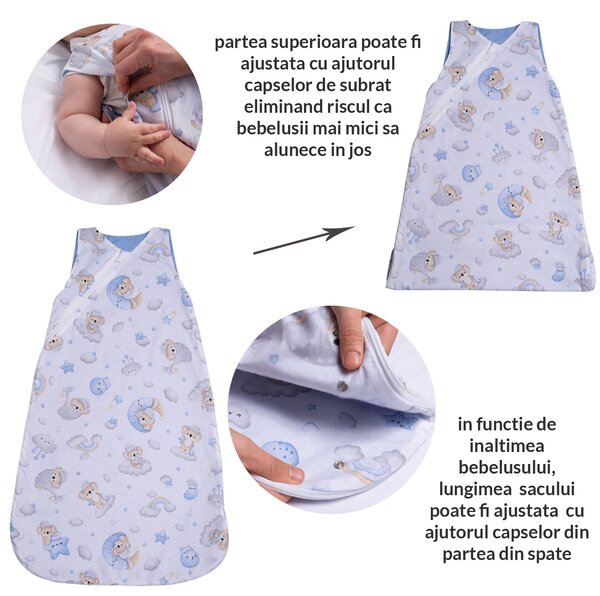 Sac de dormit copii din bumbac reglabil 0-24 luni Kidizi Koala Dreams Blue, 1 tog