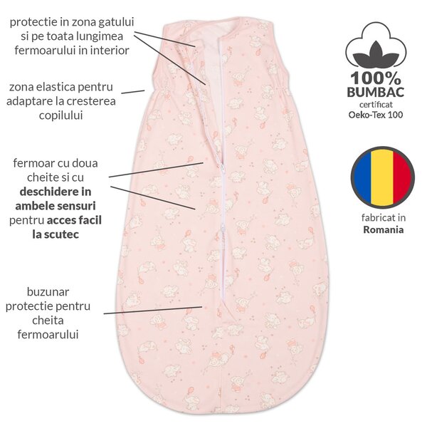Sac dormit copii de vara 0-18 luni Kidizi Elefun Pink, 80 cm, 0.5 tog