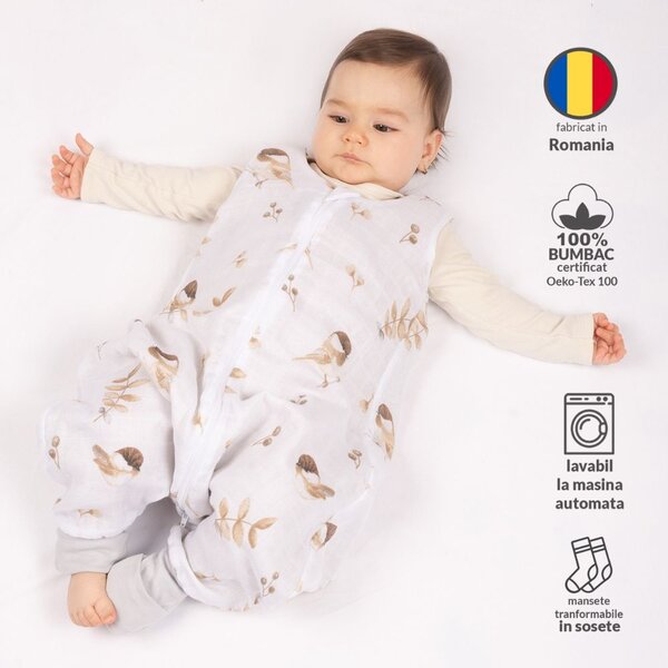 Set 2 saci de dormit cu picioare de vara din muselina 6-18 luni Kidizi Birdy Ducky, 0.5 tog