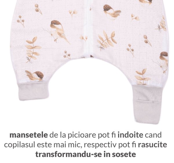 Sac de dormit cu picioare de vara din muselina 6-18 luni Kidizi Birdy, 0.5 tog