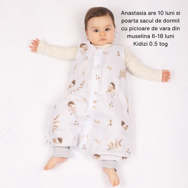 Set 2 saci de dormit cu picioare de vara din muselina 6-18 luni Kidizi Birdy Ducky, 0.5 tog