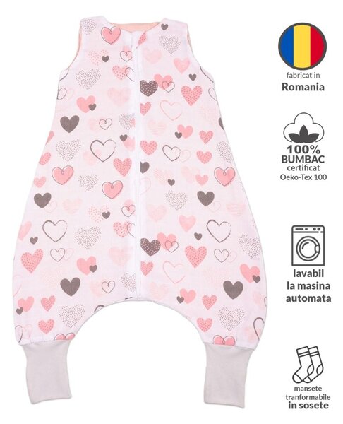 Sac de dormit cu picioare de vara din muselina 6-18 luni Kidizi Pink Hearts, 0.5 tog, 100% bumbac