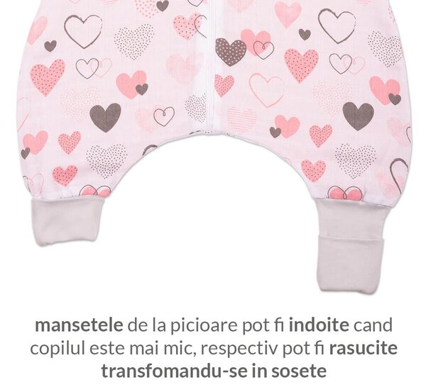 Sac de dormit cu picioare de vara din muselina 6-18 luni Kidizi Pink Hearts, 0.5 tog, 100% bumbac