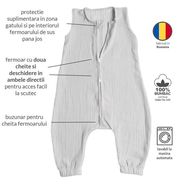 Sac de dormit copii de vara din muselina dubla cu picioare 6-18 luni Kidizi Light Grey, 0.3 tog, bumbac 100%