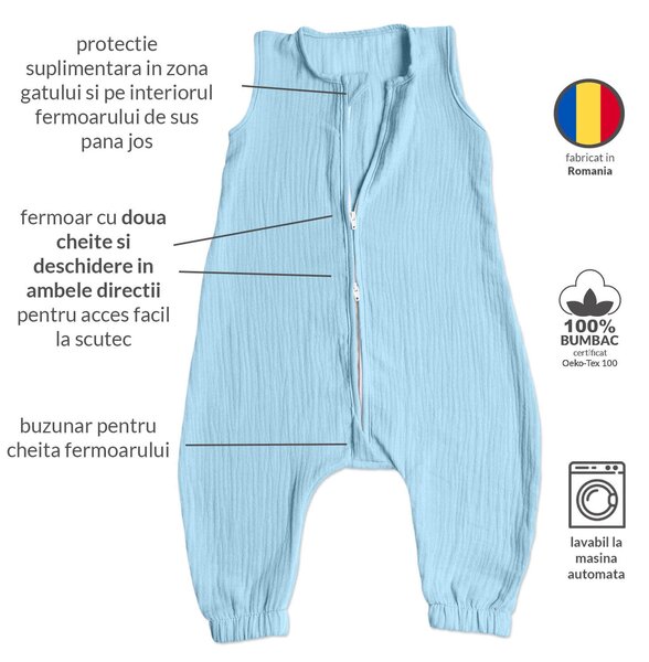 Sac de dormit copii de vara din muselina dubla cu picioare 6-18 luni Kidizi Sky 0.3 tog, bumbac 100%
