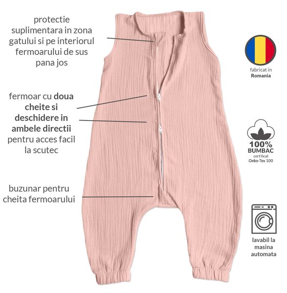 Sac de dormit copii de vara din muselina dubla cu picioare 6-18 luni Kidizi Old Rosa 0.3 tog, bumbac 100%