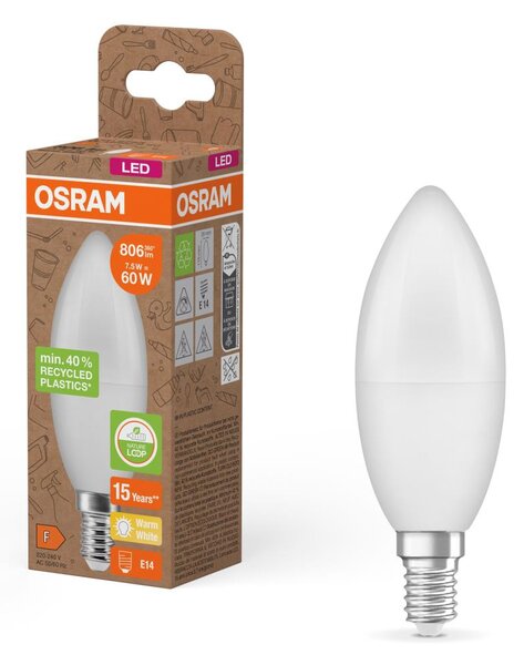 Bec LED B39, E14, 7,5 W, 230 V, 2700 K, din plastic reciclat - Osram