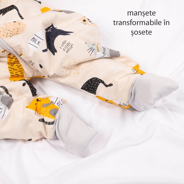 Sac de dormit copii din bumbac cu picioare si maneci detasabile 6-18 luni Kidizi Kitten Love, 1 tog, model de iarna