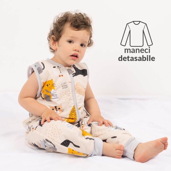 Sac de dormit copii din bumbac cu picioare si maneci detasabile 18-36 luni Kidizi Kitten Love, 1 tog, pentru toamna-iarna, bumbac 100%