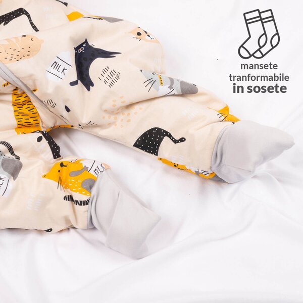 Sac de dormit copii din bumbac cu picioare si maneci detasabile 18-36 luni Kidizi Kitten Love, 1 tog, pentru toamna-iarna, bumbac 100%