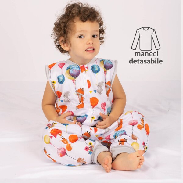 Sac de dormit copii din bumbac cu picioare si maneci detasabile 18-36 luni Kidizi Baloon Friends, 1 tog, pentru toamna-iarna, bumbac 100%