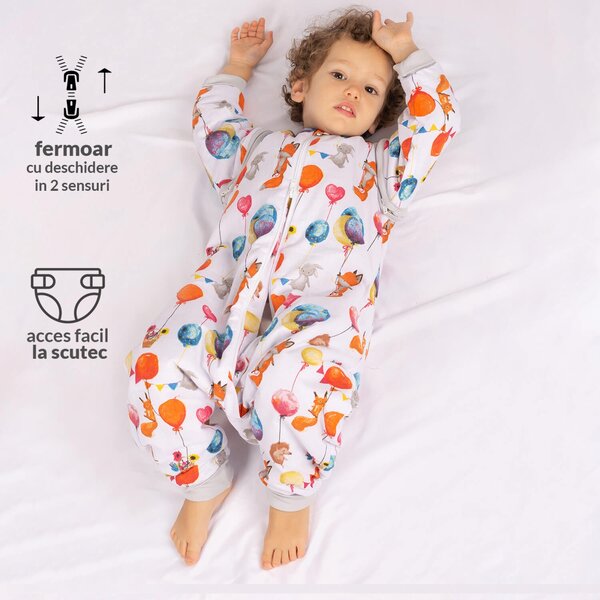 Sac de dormit copii din bumbac cu picioare si maneci detasabile 18-36 luni Kidizi Baloon Friends, 1 tog, pentru toamna-iarna, bumbac 100%