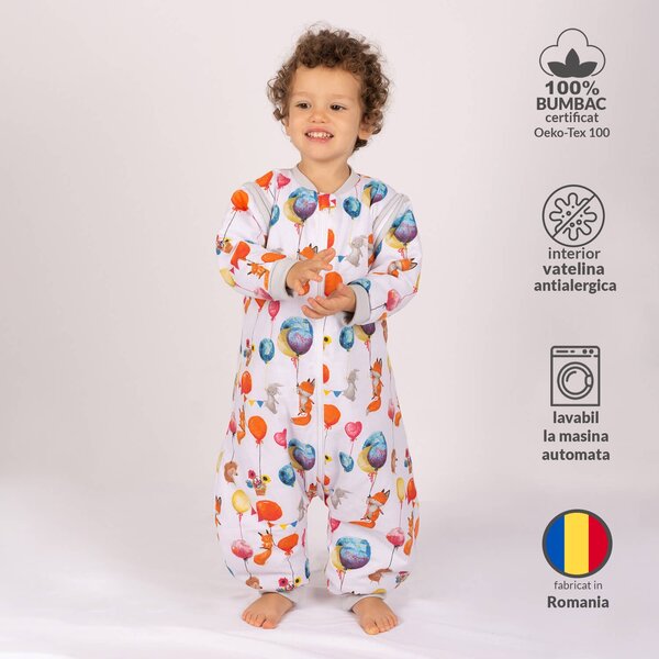 Sac de dormit copii din bumbac cu picioare si maneci detasabile 18-36 luni Kidizi Baloon Friends, 1 tog, pentru toamna-iarna, bumbac 100%