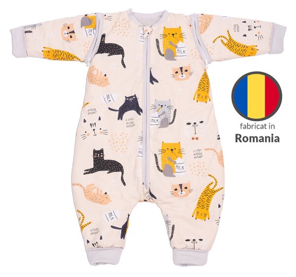 Sac de dormit copii din bumbac cu picioare si maneci detasabile 6-18 luni Kidizi Kitten Love, 1 tog, model de iarna