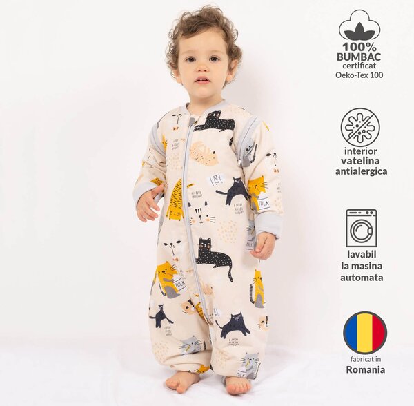 Sac de dormit copii din bumbac cu picioare si maneci detasabile 18-36 luni Kidizi Kitten Love, 1 tog, pentru toamna-iarna, bumbac 100%