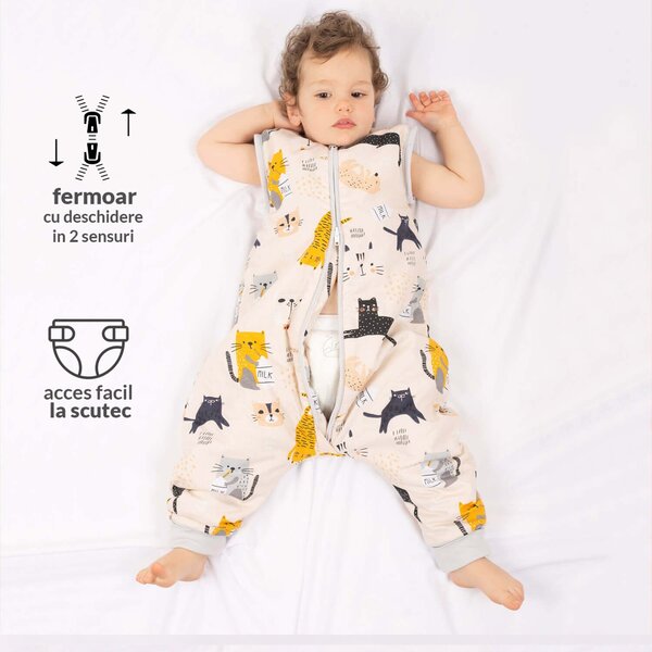 Sac de dormit copii din bumbac cu picioare si maneci detasabile 18-36 luni Kidizi Kitten Love, 1 tog, pentru toamna-iarna, bumbac 100%